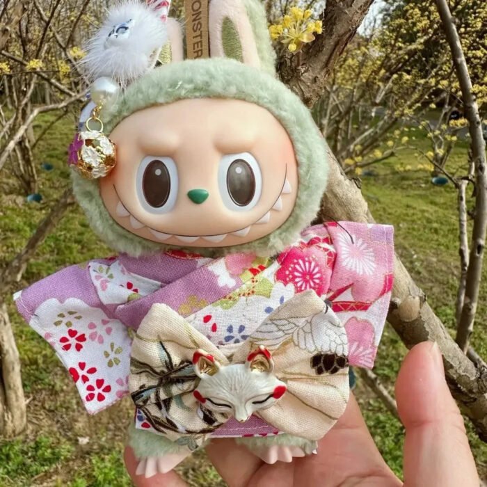 Handmade Labubu Japanese Kitsune Kimono Fan Outfit - Image 3