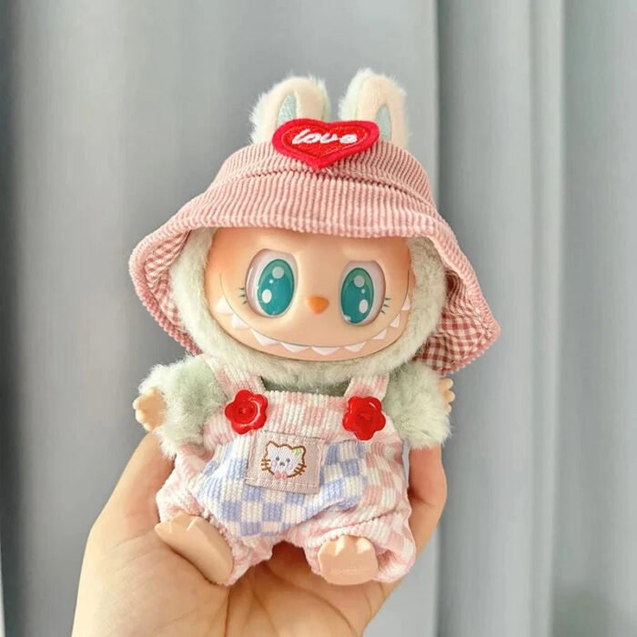 Handmade Labubu Summer Dungarees Checked Bear Outfit with Accessories - Image 1